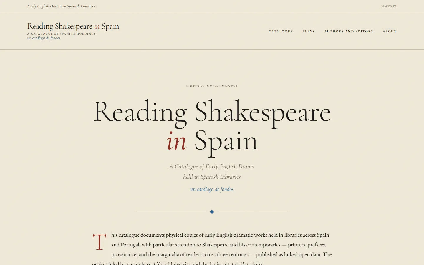 Screenshot of the Shakespeare in Spain website